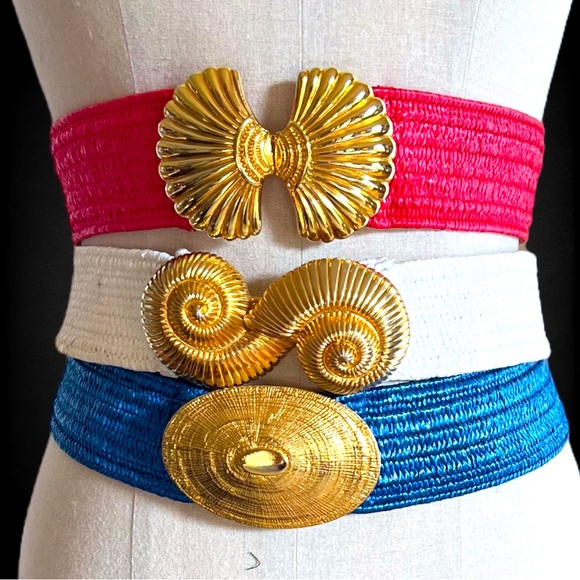 Vintage Accessories - Vintage Lot of 3 Shell Buckle Red, White & Blue Wide Elastic Stretch Cinch Belts